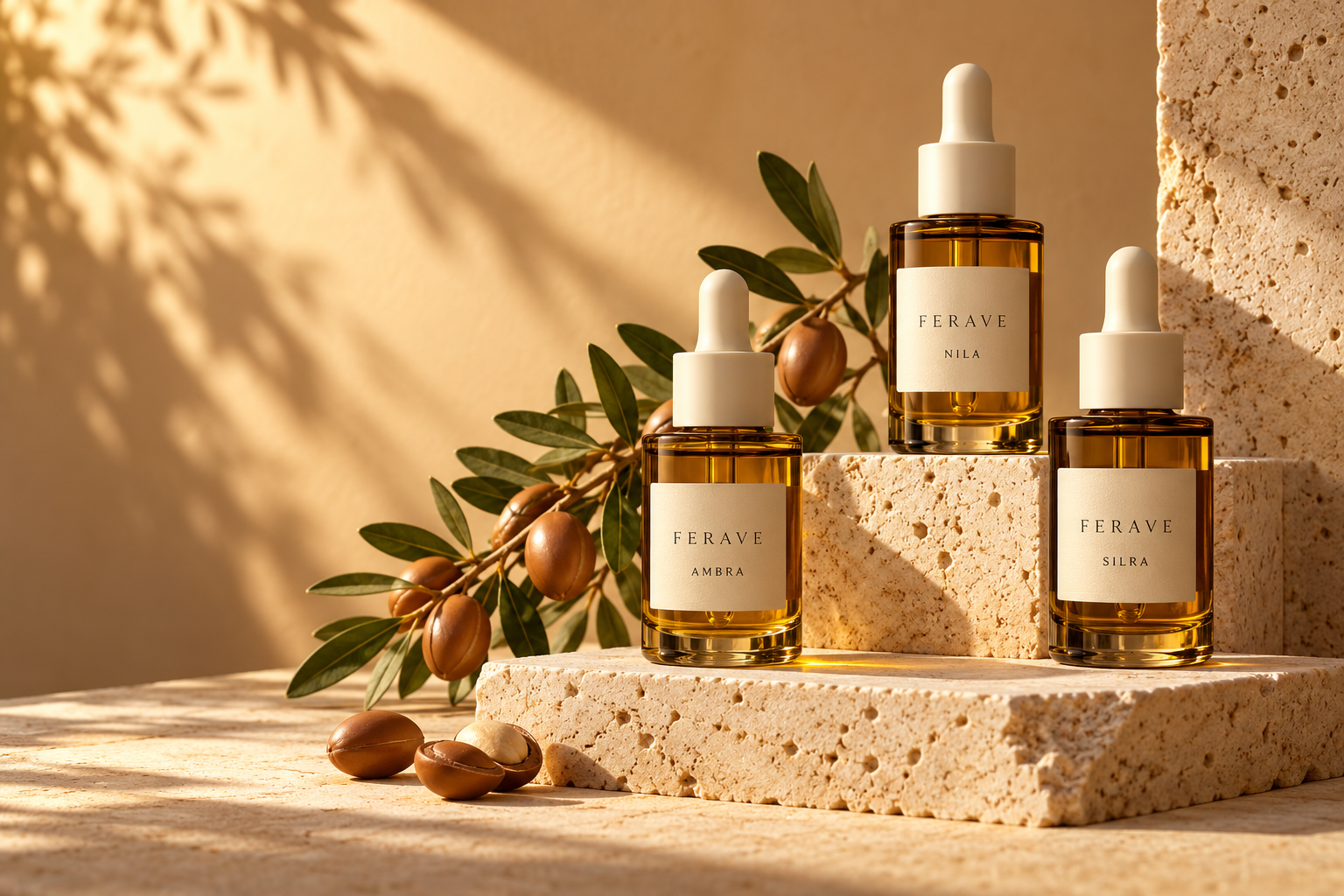 Ferave amber serum packaging concepts arranged in warm sunlight