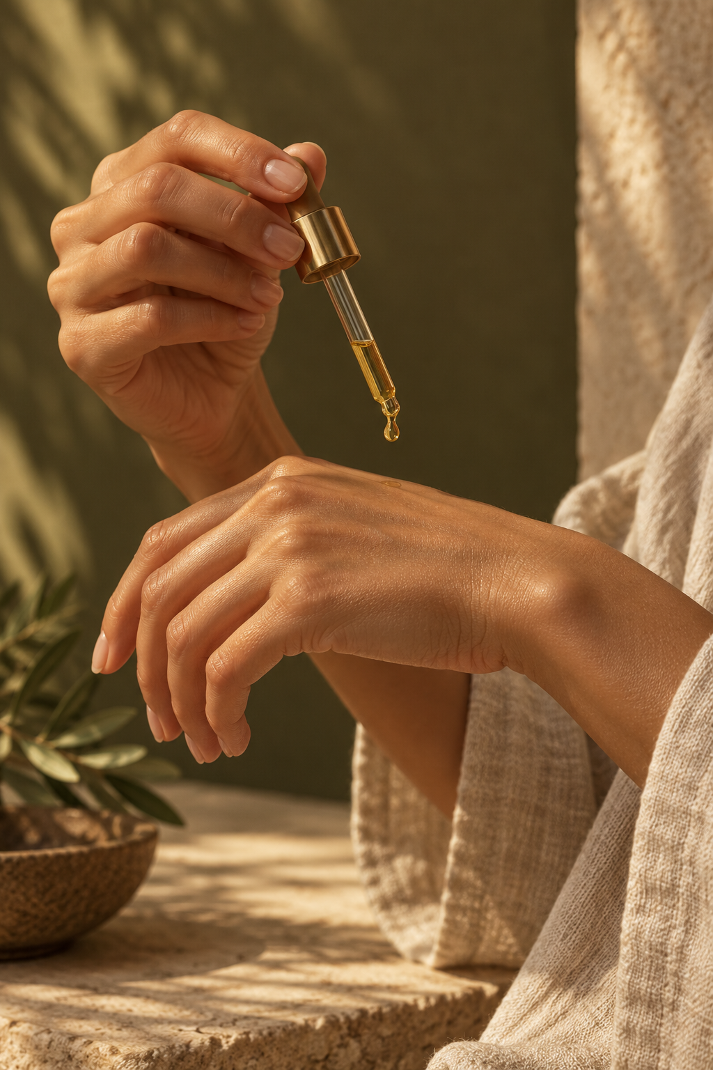 A golden oil droplet above the back of a hand in soft sunlight